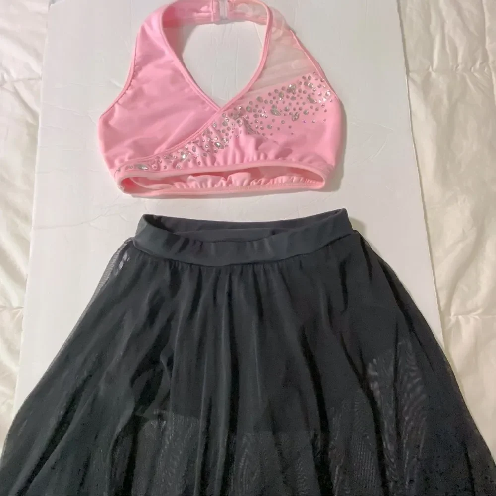 LA dance solo custom pink top 2 piece rhinestoned costume illusion SA adult